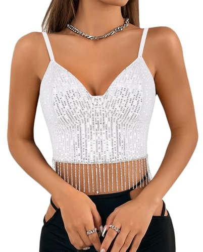 Naimo Damen Glitzer Pailletten Crop Top Ärmellos V-Ausschnitt Tank Tops Weste Sparkle Camisole Bluse Party Rave Oberteile