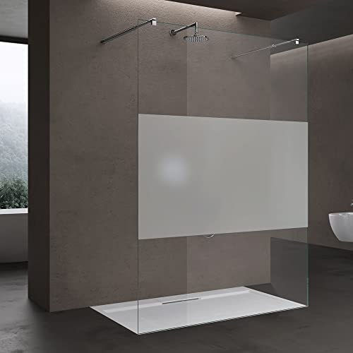 doporro Duschwand für Dusche Duschabtrennung 100x200 Walk-In mit Doppel-Stabilisator aus Echtglas 10mm ESG-Sicherheitsglas Milchglas-Streifen inkl. Nanobeschichtung