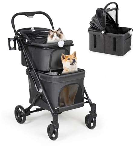 Beberoad Pets T1 Doppelter Hundebuggy (schwarz) | Abnehmbarer Träger, Rahmen aus Aluminiumlegierung, größeres Hinterrad, einfache Montage, einfaches Zusammenklappen
