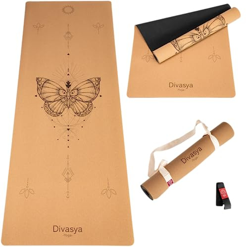 DIVASYA Premium Yogamatte Kork | Naturkautschuk & Kork | inkl. Tragegurt | Yoga Matte Kork: natürlich rutschfest | robust & langlebig | 183 x 66 x 0,4cm | inkl. Tragegurt | Yoga Matte rutschfest