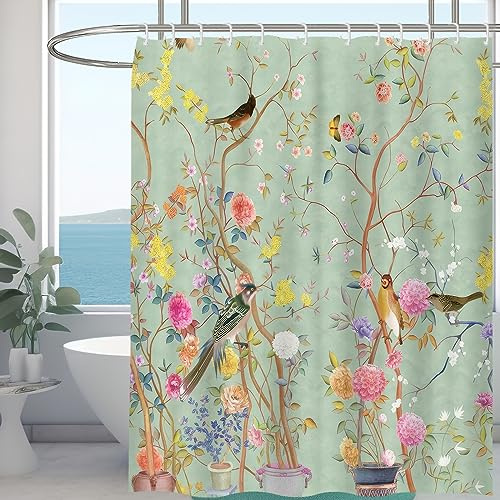 Minicoco Tenda da doccia resistente alla muffa per ambienti umidi, 100% poliestere, impermeabile, con paesaggio floreale, con 12 ganci, 180 x 180 cm (farfalla uccello fiore)
