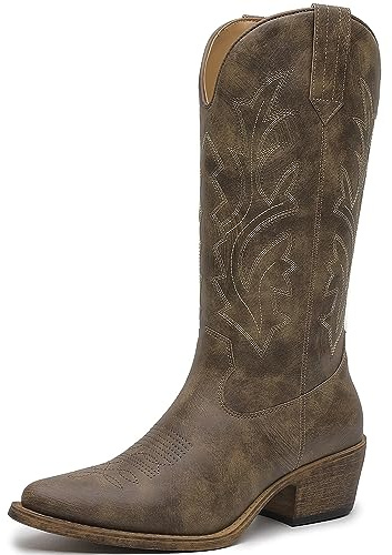 GLOBALWIN Brown Cowboy Boots For Women Western Boots Embroidered Mid Calf Knee High Cowgirl Boots Size 10M