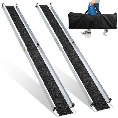 Cecaylie 2 x 87-152 cm Rollstuhlrampe, Aluminium Auffahrrampe, Rampe Rollstuhl bis 300 kg, Rollstuhlrampe Klappbar, Rollstuhlrampen, Treppenrampe für Rollstuhl,Teleskoprampe mit Textiltasche