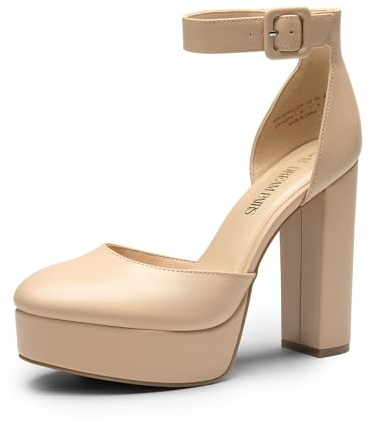 DREAM PAIRS Décolleté con Plateau e Cinturino alla Caviglia Comode Scarpe da Sposa con Tacco e Blocco per Festa,Size 39,Nude-Pu,SDPU2419W