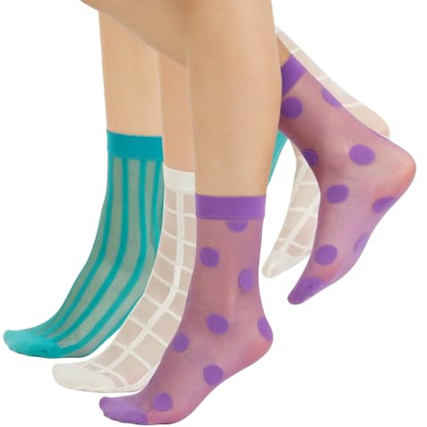 CALZITALY 3 Pairs Women Pop Socks, Sheer Everyday Socks, Patterned Ankle Socks, Polka Dots, Stripes, Geometric, One Size, Made in Italy (Lilac+Aqua Green+Cream, One Size)