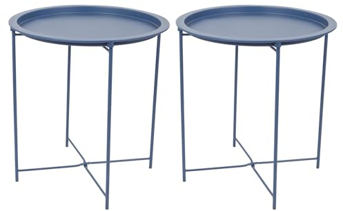 Harbour Housewares Round Tray Tables with Removable Trays - Pack of 2 - Matte Navy Steel Bed Side Table Raised Lip Serving Board Compact Collapsible Folding Table for Bedroom, Home and Office