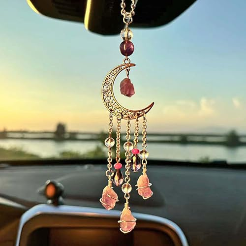 Hanging Car Charm, Handmade Car Mirror Hanging Accessories Rear View Mirror Decorations Crystals Stones Ornament Car Decor for Women Healing Crystal Accessories (Amethyst Crystals Moon)