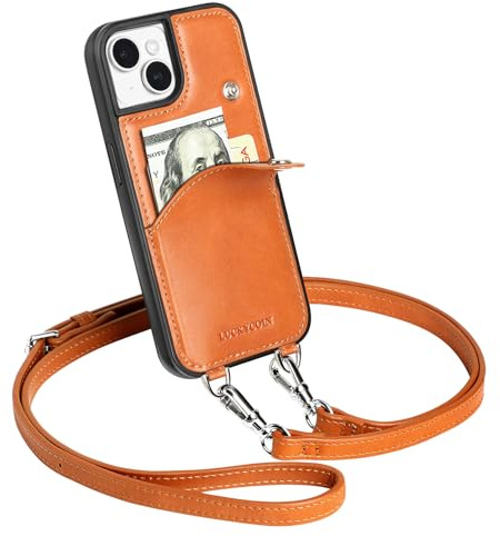 LUCKYCOIN Crossbody Wallet Phone Case for iPhone 13,100% Genuine Leather Phone Purse Case for Women,with Expandable Card Holder,with Adjustable & Removable Strap Retro Brown