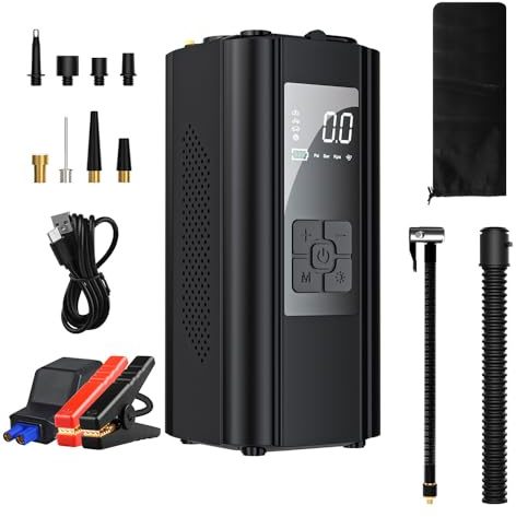 Auto Starthilfe Powerbank mit 150PSI Luftkompressor,4-in-1 Batterie Starthilfe mit LCD-Bildschirm,1000A Peak Power,10000 mAh Portable Starter Power Bank mit Taschenlampe (Schwarz)
