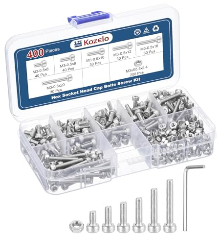 Kozelo 400 Stück M3 Innensechskant-Zylinderkopfschrauben Muttern Sortiment Kit - [M3x6/8/10/12/16/20mm] 304 Edelstahl Allen Innensechskantschraube für 3D-Drucker, mit Schraubenschlüssel