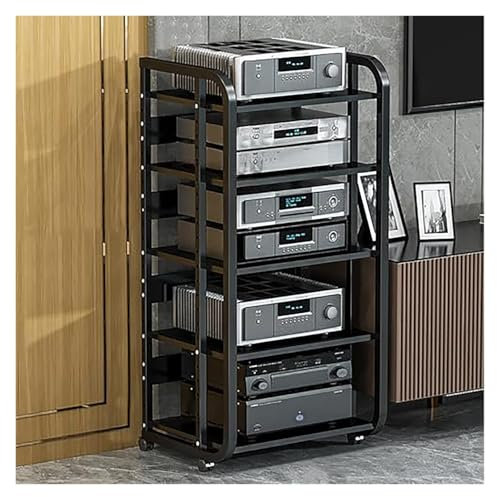Audio Rack HiFi Regal Rollwagen-Rack for Audiogeräte, Tragbar, Büro, Schlafzimmer, Wohnzimmer, AV-Rack, Mehrstufiges AV-Medienregal, AV-Medienregal Mit Stauraum(Schwarz,5Tiers-A)