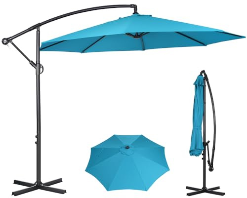 Panana 3M Cantilever Garden Parasol, Outdoor Banana Hanging Umbrella with Crank Handle and Tilt, UV Protection Sun Shade Canopy Offset Parasol for Poolside, Deck, Patio and Balcony (Light Blue)