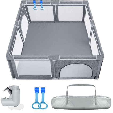 Laufstall Baby 127x127cm – Kinder Sicherheits-Spielplatz mit dicken Rand, rutschfestem Boden, atmungsaktivem Netz, zerlegbarem Baby Zaun, 2 Kletterringen und Tragetasche