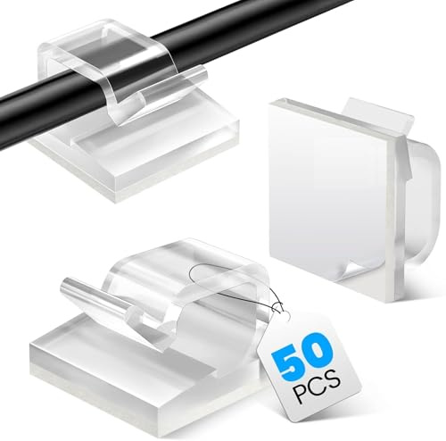 Lot de 50 attaches autocollantes pour câbles - 2 tailles 3 coloris au choix - Couleur transparente - Gestion facile et discrète des câbles de petits et gros diamètres (Grand Transparent)