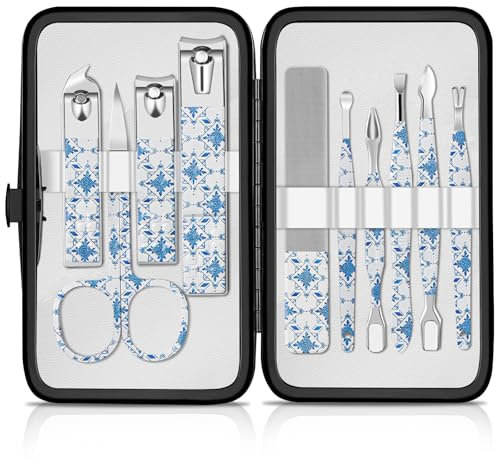 Tagliaunghie Set Professionale Grooming Kit Strumenti per Manicure e Pedicure 10Pcs con Lussuosa Custodia da Viaggio in Pelle (Blu e Bianco)