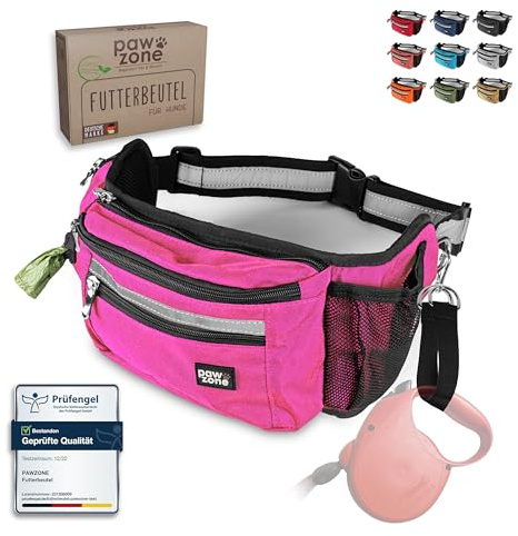 PAWZONE Leckerlitasche für Hunde als Bauchtasche mit Reflektorband | Leckerlibeutel für Hunde · Gassi Tasche Hund · Futterbeutel Hundetraining · Gürteltasche · Inkl. Zusatzgurt für Flexileine