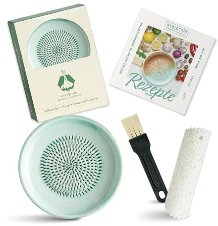 Evergrate® Keramikreibe Mint mit Geschenkbox – mit Reibe, Knoblauchschäler, Rezeptheft & Pinsel – Handgefertigt für Ingwer, Knoblauch & mehr – Spülmaschinenfest & langlebig