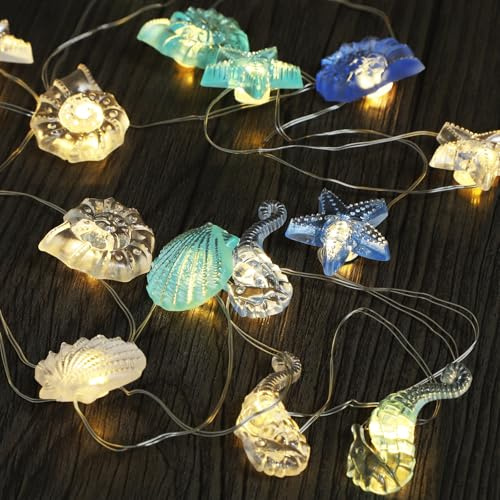 Artrastar Lichterkette Meerestiere mit Timer 2.5M 20LED Maritim Deko | für Kinderzimmer Fenster Garten Hochzeit Party Seepferdchen Seestern Muschel Schnecke Batterie Innen Außen（Warmweiß）