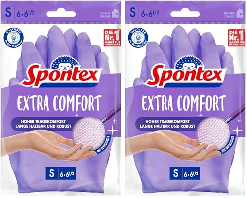 Spontex Extra Comfort, Premium-Haushaltshandschuhe mit weichem Textilfutter, ideal für alle Putzarbeiten im Haushalt, 30°C waschbar, Größe S (6-6, 5), 1 Paar, Lila, S (1 Paar) (Packung mit 2)