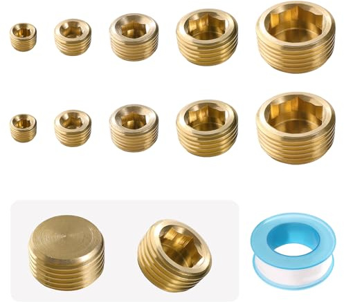 Lyeteung 10 Stücke G1/8 G1/4 G3/8 G1/2 G3/4 Messing Kappe Außengewinde, Gewindekappe Messing Schlauchkappen, mit Rohmaterialband, für Wasserhähnen Wasserleitungen