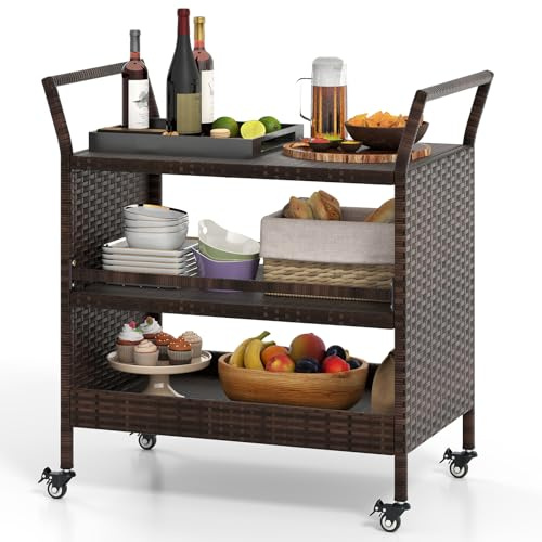 KOMFOTTEU Chariot pour Barbecue à 3 Niveaux, Desserte de Jardin en Rotin PE, Desserte d’Extérieur avec Poignées, 86 x 50 x 89 cm, pour Cuisine, Salle à Manger, Salon, Cour, Mix Marron