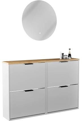 Planetmöbel 2 x Schuhschrank schmal | runder Spiegel mit Beleuchtung 60 cm, (2 Lichtstufen) Schuhkommode mit 2 Klappen Schuhregal mit 4 Ablagen, Garderobe Set, 60