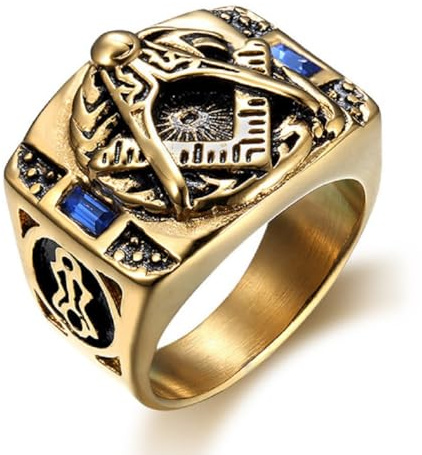 Fachoice Blauer Stein Freimaurer Ring fur Männer Gold Punk Freimaurer Symbol Ring Blauer CZ Mason Schmuck fur Herren