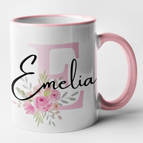 Personalised Pink Floral Initial and Name Mug (Pink)