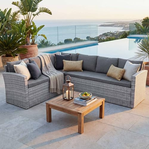 Mendler Poly-Rattan Sofa-Garnitur HWC-A29, Zwei 3er-Sofas Gartengarnitur Lounge-Sofa Garten - hellgrau Kissen grau