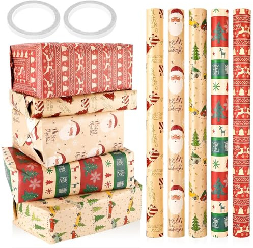 Zikenis Carta da Regalo Natalizio Set,5 rotoli fogli Carta da Regalo Kraft,43 cm x 3 m,Riciclabile Wrapping Paper,per Natale,feste,Halloween,Occasioni Speciali
