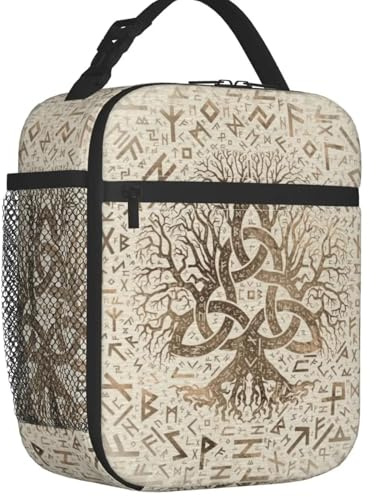 TFDGDGH Tree of Life with Triquetra and Futhark Pastel Gold Insulated Lunch Bag Viking Norse Yggdrasil Portable Thermal Cooler Bento Box