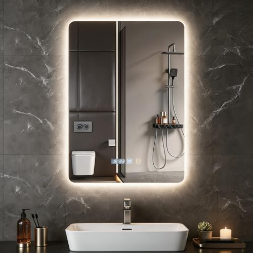 Litglobe Badspiegel mit Beleuchtung 50x70cm,LED Badezimmerspiegel Wandspiegel,Badezimmerspiegel mit Beleuchtung und Entfoggen,Touch-Schalter,3 Lichtfarbe,Dimmbar,Uhr,Speicherfunktion
