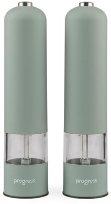 Progress Neutrals Electric Mill Set – 2 x Salt & Pepper Mills, Automatic Seasoning Grinders for Kitchen, Adjustable Ceramic Coarse to Fine Grind, LED Light, Battery-Operated, Sage Green