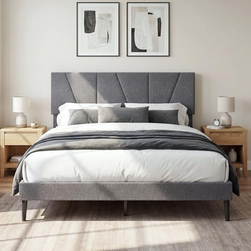 COSTWAY Cadre de Lit 2 Personnes avec Sommier, Tête de Lit Double Rembourré 140 x 200 cm, Réglable en Hauteur, Lattes en Bois, Montage Facile, Silencieux, Gris Foncé (207 x 165 x 95-110 cm)