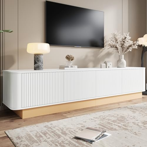 Httcg TV Schrank Lowboard für Fernseher bis zu 85 Zoll, TV Board Weiss Fernsehschrank mit Stauraum und Texturfront, Fernsehtisch Wohnzimmerschrank mit Abgerundetes Design und Sockel, 200x40x47.5 cm