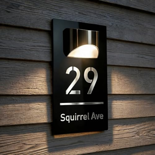Número de Casa Solar LED - Placa Dirección Exterior IP65, Iluminación Automática Noche/Día, Acrílico 3D Moderno, Personalizable (Varias Medidas y Colores)(Negro,Plata)