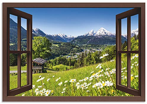 ARTland Wanddeko Wandbild Alu Verbundplatte für Innen & Outdoor Bild Fensterblick Fenster Alpen Landschaft Berge Wald Gebirge Wiese Natur T5TP