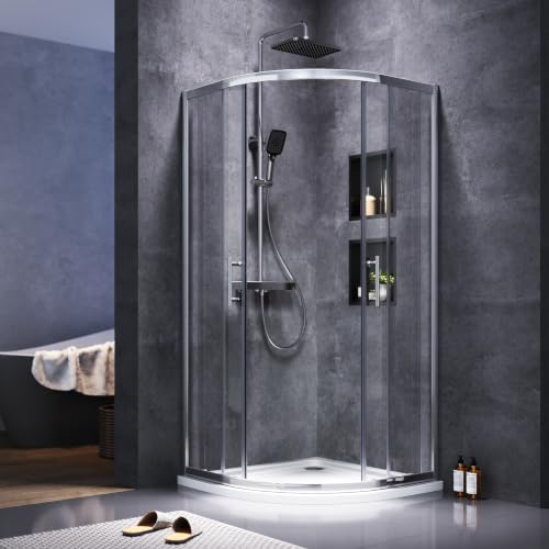 SONNI Runddusche mit Schiebetüren aus 5 mm ESG-Nano-Glas, 80x80x195 cm | Nano-Beschichtung für leichte Reinigung, Rundschiebetüren mit Springrollen, Edelstahl-H-Griffe,platzsparende Viertelkreisform