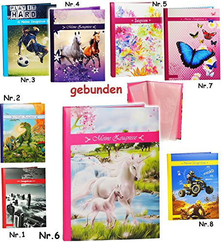 A 4 - Zeugnismappe/Zeugnisbuch -  Meine Zeugnisse   Einhorn mit Fohlen  - GEBUNDEN mit festen Seiten - A4 - Softcover - Dokumentenmappe - für Kinder u..