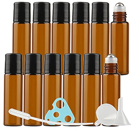 ZEOABSY Marrone Vetro Essential oil Roller Bottiglie con sfere in acciaio inox, 5 ml 48 Pezzi Roll-On Bottiglietta per aromaterapia, fragranza, laboratorio + 1 x Opener, 1 x Contagocce, 4 x imbuto