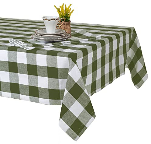 Tischdecke 140x240 - Robustes Tischtuch aus Baumwolle - Hochwertige Tischdecke grün kariert - Table Cloth - Waschbare Stofftischdecke mit 220g/m²