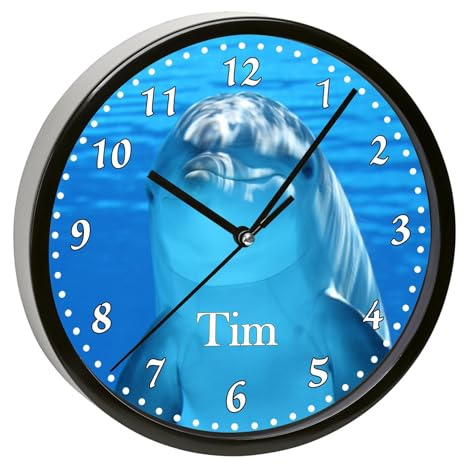 CreaDesign, Wanduhr Kinder personalisiert mit Name, Motiv Delfin, Rahmen Wanduhr schwarz, Ø 19,5 cm