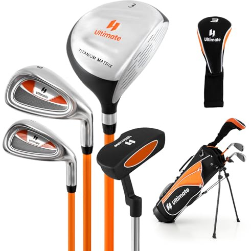 GYMAX Kids Golf Clubs, Junior Golf Set for Right Hand Includes #3 Fairway Wood & #7 & #9 Irons, Putter & Golf Stand Bag, Portable Youth Children Club (for Age 11-13, Yellow)
