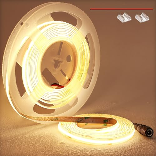TOPAI 24V COB LED Streifen 5M 3000K Warmweiß IP65 Wasserdicht | 4000Lm Dimmbar, CRI 90+, 480 LEDs/M, Selbstklebend Schneidbar für Schlafzimmer, Küche, Bad und Außenbereich