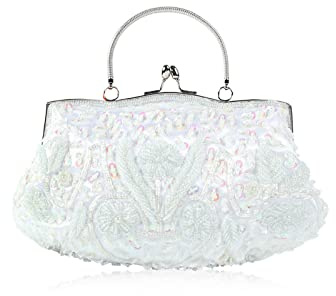 CORIOS Damen Handgemachte Perle Handtasche Floral Abendtasche Vintage Clutch Tasche Elegante Schultertasche Klein Tasche Kette Umhängetasche Hochzeit Bankett-Party Abschlussball Tasche Weiß