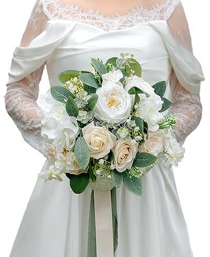BENCENTRE 10 Inch White Bridal Bouquet,Wedding Bouquet,Bride Bouquets for Wedding Ceremony Anniversary, Party and French Rustic Vintage Wedding,Artificial Flowers