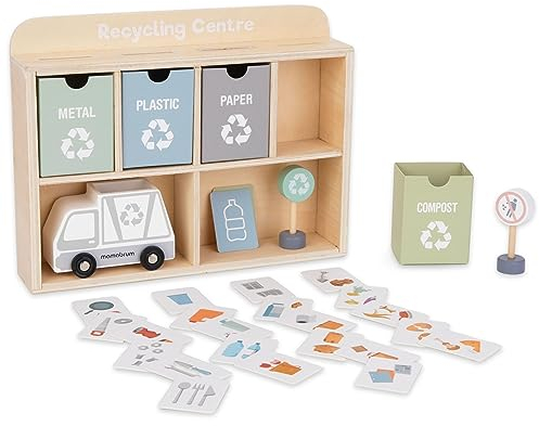 Mamabrum, Recyclingzentrum aus Holz, 1 Aufbewahrungsbox aus Holz, Müllwagen, 2 Warnschilder, 4 Abfallbehälter, 24 Karten, für Kinder Müllwagen Spielzeug