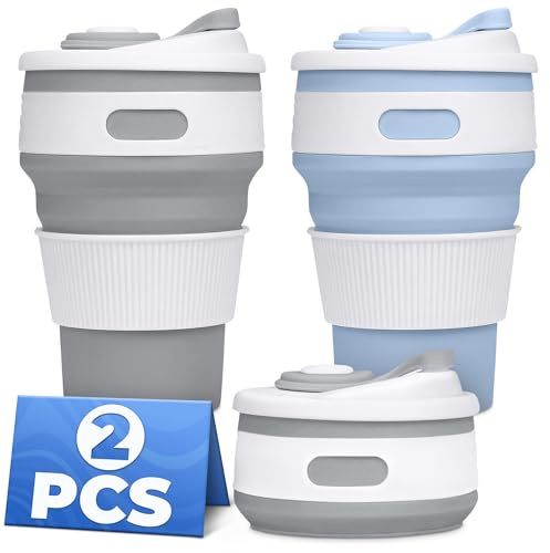 Tesorrio Vasos plegables para viajar, paquete de 2 tazas de café de | Taza de café plegable con tapa, compacta de 3.4 x 5.6 pulgadas, resistente a fugas, taza de viaje ligera y reutilizable para