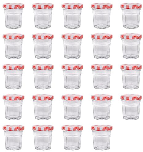 Argon Tableware Glass Jam Jars with Airtight Red Gingham Lids - 30ml - Pack of 24 - Empty Screw Top Kitchen Storage Jar for Food, Honey, Spice, Pickling, Preserving, Candle Making
