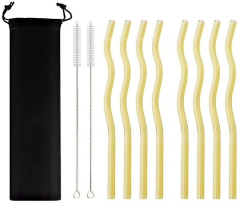 JASHII Cannucce di vetro ondulate gialle 8 pezzi, 20 x 0,8 cm, riutilizzabili, con sacchetto nero, multicolori, per bere bevande, caffè, latte e tè